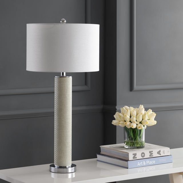 31.5 Inch H Faux Snakeskin Table Lamp in Cream - a Pair For Sale - Image 4 of 8