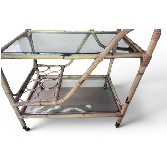Beige Coastal Mid Century Modern Bamboo Rattan Bar Cart For Sale - Image 8 of 11
