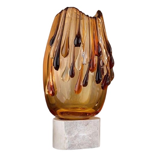 Lagoon Tears Gradient Medium Amber Glass Vase with Marble Base by Aina Kari For Sale