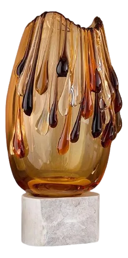 Lagoon Tears Gradient Medium Amber Glass Vase with Marble Base by Aina Kari