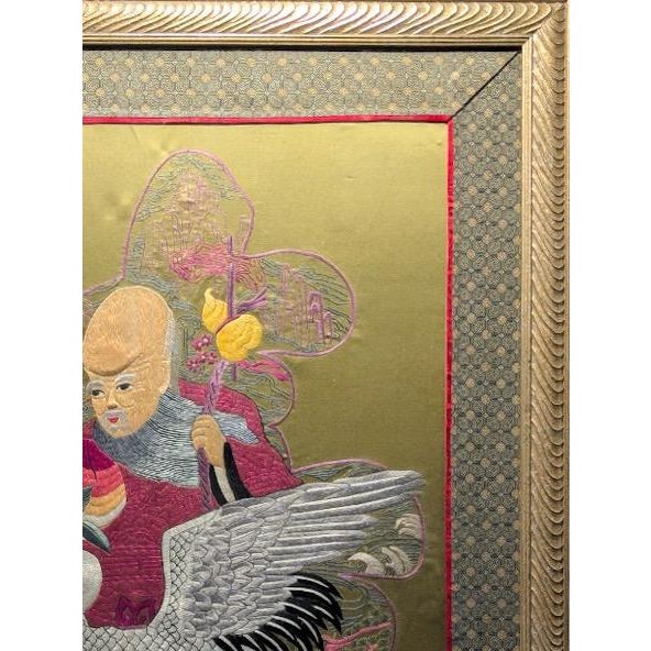 Large Vintage Chinese Silk Embroidery God of Longevity Shou Lao on Crane For Sale In Portland, ME - Image 6 of 9