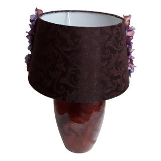 Vintage Table Lamp with Brown Patterned Ceramic Foot and Black-Brown Fabric Shade with Colored Flower Trim, 1980s For Sale