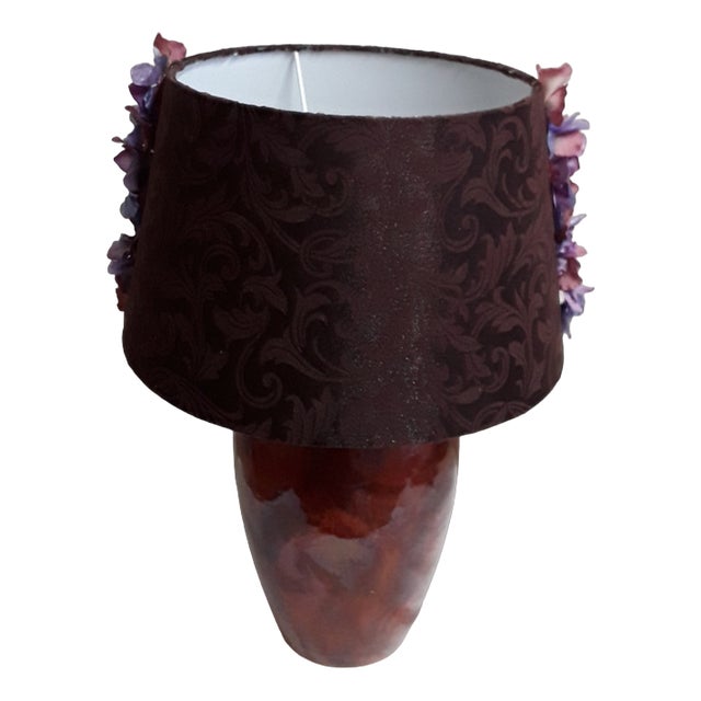 Vintage Table Lamp with Brown Patterned Ceramic Foot and Black-Brown Fabric Shade with Colored Flower Trim, 1980s For Sale