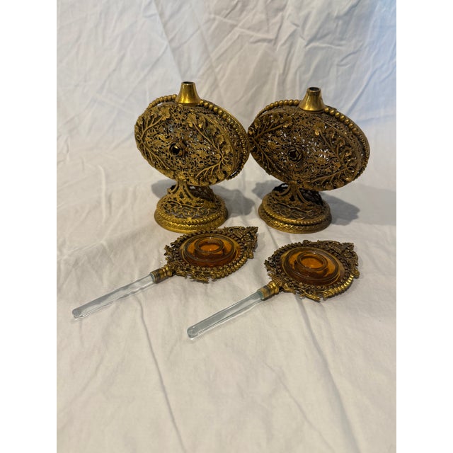 Pair of Antique Victorian Ormolu Perfume Bottles With Amber Glass and Original Daubers For Sale - Image 6 of 6