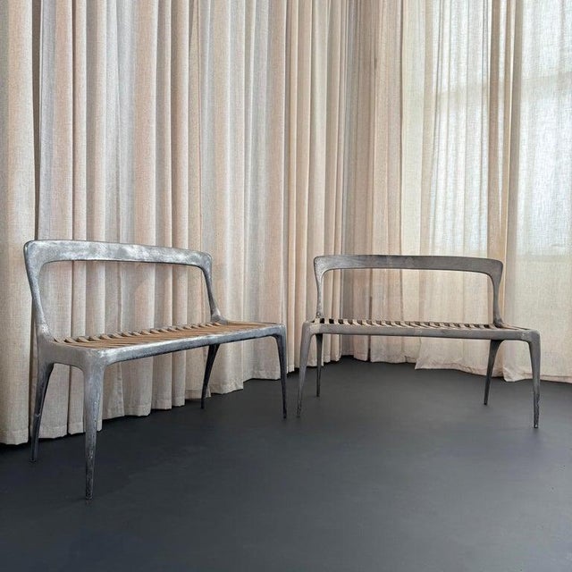 Mid-Century Modern Organic Modern Cast Aluminum and Teak Bench by John Reeves For Sale - Image 3 of 11