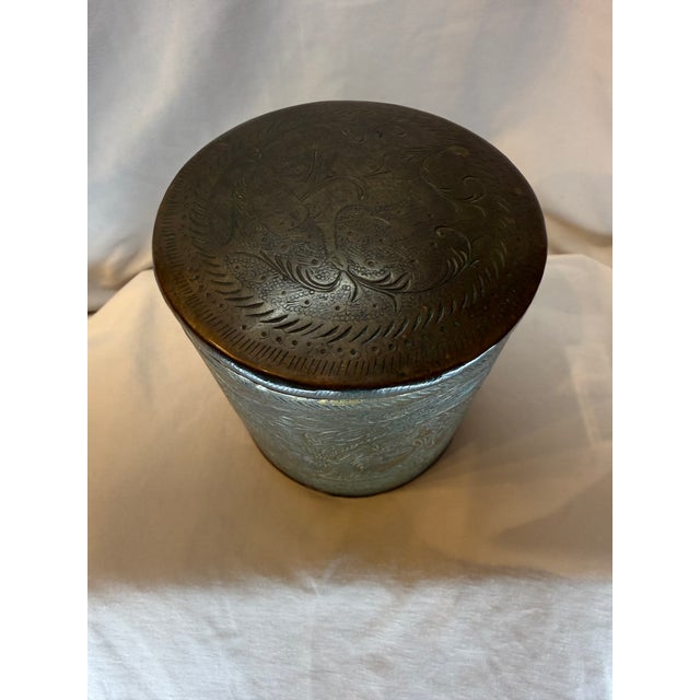 Beautifully detailed vintage Chinese export brass cannister. Originally intended storing tea or tobacco, this lidded...