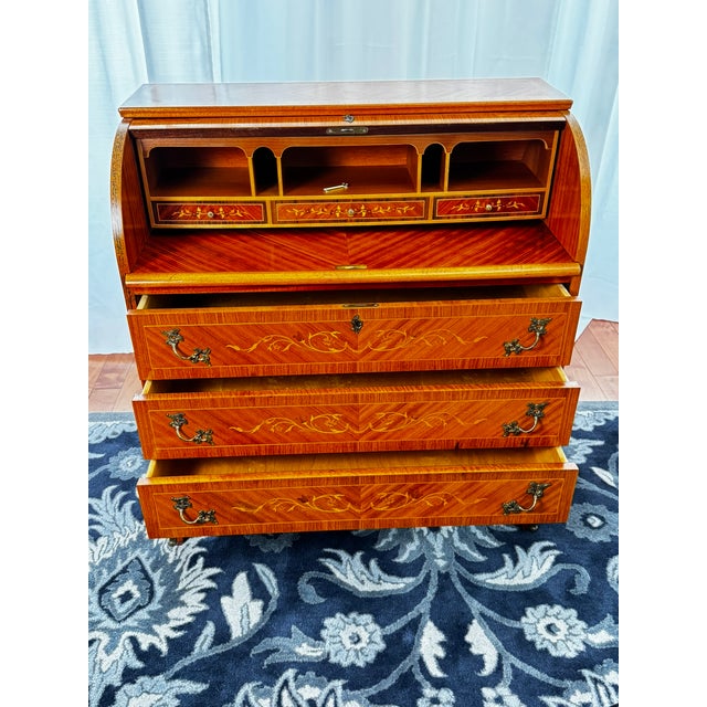 1970s 1970s Traditional Roll-Top Secretary Desk With Mother-of-Pearl Inlay Chair For Sale - Image 5 of 12