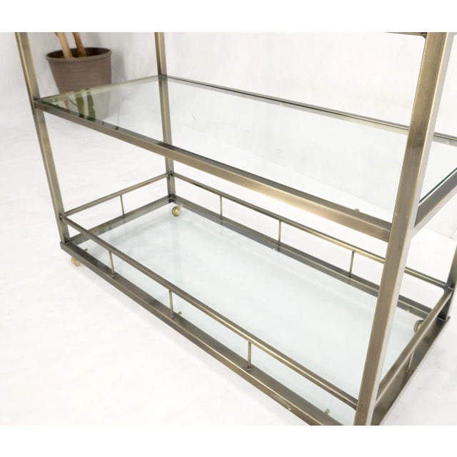 Mid-Century Modern Brass Finish Glass Shelves 3 Tier Serving Bar Serving Cart W/ Gallery For Sale - Image 3 of 13