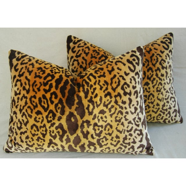 Pair of large custom-tailored pillows in handloomed silk & cotton Italian Scalamandré "Leopardo" leopard velvet fabric....