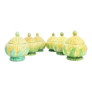 Mid 20th Century Portuguese Majolica / Barbotine Pottery Lidded Bowls - Set of 6 For Sale