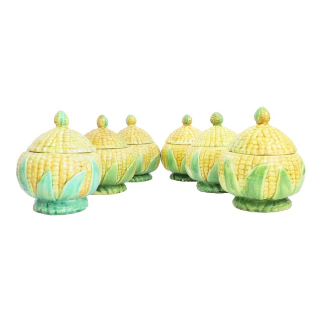 Mid 20th Century Portuguese Majolica / Barbotine Pottery Lidded Bowls - Set of 6 For Sale