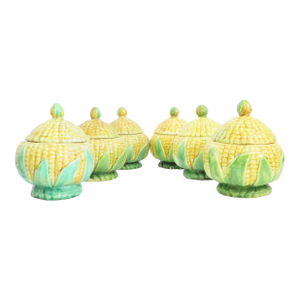 Mid 20th Century Portuguese Majolica / Barbotine Pottery Lidded Bowls - Set of 6