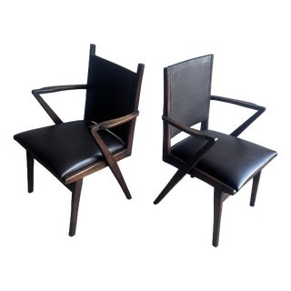 Mid-Century Armchairs in Dark Wood and Brown Upholstery, 1960s, Set of 2 For Sale