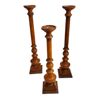 Set of 3 Vintage Wood Candle Holders Traditional Boho British Colonial For Sale