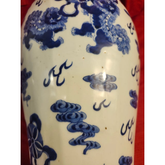 Final Clearance 19th Century 24" Shishi Qilin Blue and White Temple Urn Tribute - 24" For Sale - Image 14 of 18
