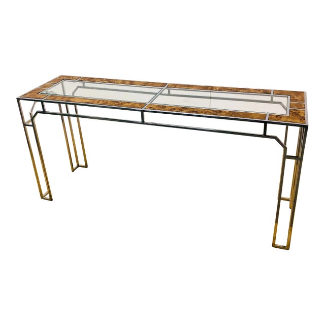 Burlwood & Chrome Console Table Attr Milo Baughman For Sale