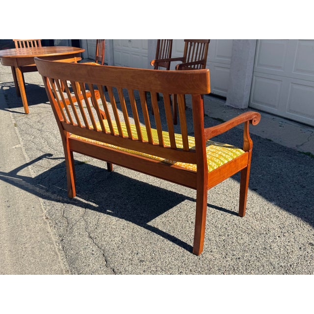 Vintage Thomas Shackleton Lydia Dining Set, Large Table, Three Leaves, Six Chairs and a Bench For Sale - Image 10 of 12