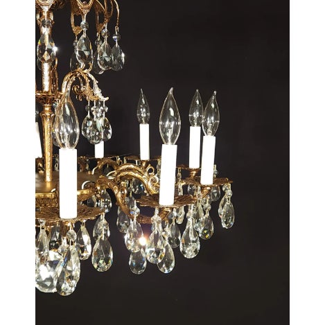 French 1950s Huge Vintage French Brass 12 Arm 12 Light Cut Lead Crystal Chandelier For Sale - Image 3 of 7
