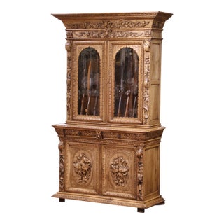 19th Century French Bleached Oak Nine-Gun Cabinet With Hunt Carvings For Sale