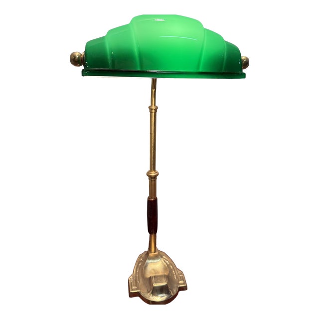 Churchill Ministerial Lamp in Brass and Green Opaline Glass, 1920s For Sale