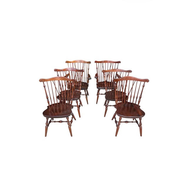 Brown 1970s Ethan Allen (Old Tavern) Dining Table and Six Matching Fiddleback Chairs - Original Authentic Complete Set For Sale - Image 8 of 12