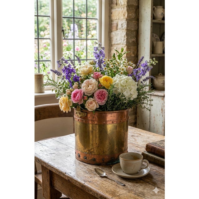 A lovely antique English solid brass and copper bucket with a swing handle. Circa late 1800's, it has decorative rivets...