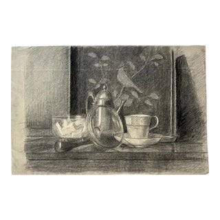 Antique French Impressionist Charcoal Still Life With Tea Pot and Bird Background For Sale