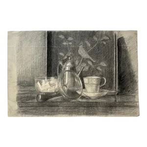 Antique French Impressionist Charcoal Still Life With Tea Pot and Bird Background