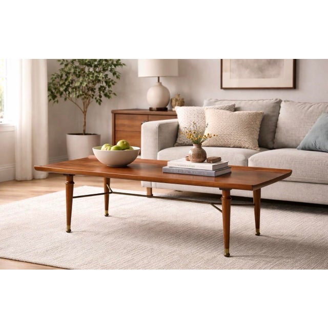 Mid-20th century Danish Modern style coffee table featuring a teak wood top with brass accents. This vintage coffee table...