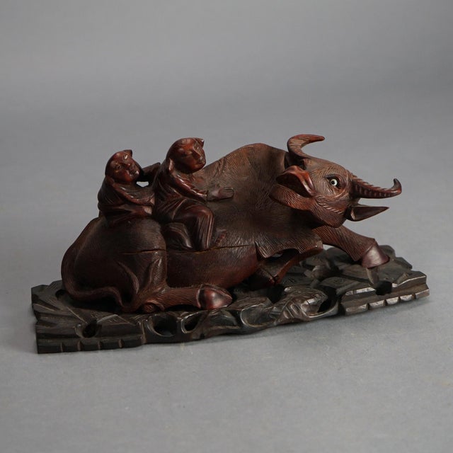 Early 20th Century Antique Chinese Carved Wood Sculpture of Water Buffalo with Figures, Circa 1920 For Sale - Image 5 of 10