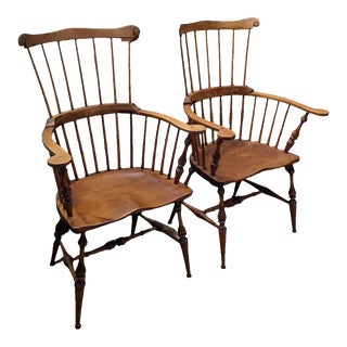 Vintage Pair of Windsor Style High Fan Back Arm Chairs For Sale