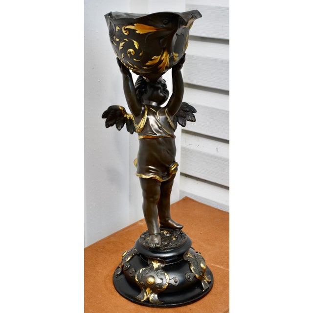 Antique Gilt Bronze Cherub Figure Holding Shell Form Centerpiece Bowl For Sale - Image 4 of 18
