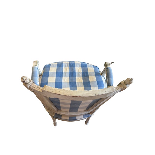 Wood Mid 20th Century Carved Armchair With Blue Gingham Upholstery For Sale - Image 7 of 12