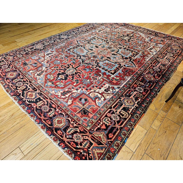 Vintage Persian Heriz Serapi Rug, Hand-Knotted Wool, Geometric Medallion Pattern, Brick-Red & Blue, 9x12 For Sale In Chicago - Image 6 of 15