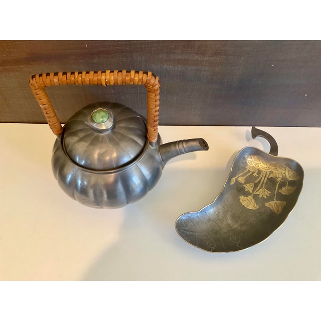 Vintage Art Deco Pewter Set, Teapot & Lotus Leaf Dish - Set of 2 For Sale - Image 4 of 13