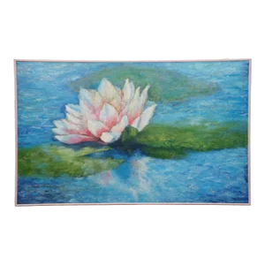 Large Vintage Impressionist Pink Water Lily Pad Oil Painting on Board 40"