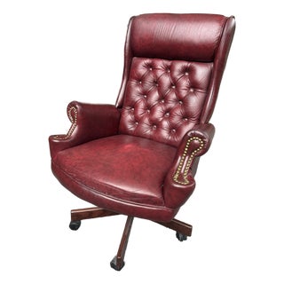 Vintage Omnia Oxblood Leather High-Back Chesterfield Rolling Desk Chair For Sale
