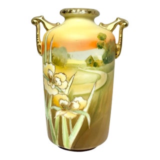 Antique 1910s Morimura Nippon Art Nouveau Iris Flower Landscape Handled Vase For Sale