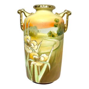 Antique 1910s Morimura Nippon Art Nouveau Iris Flower Landscape Handled Vase