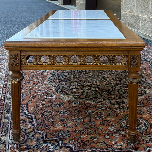 Vintage Gordon's Fine Furniture French Louis XVI Walnut Coffee Table With Italian Marble Inserts For Sale In Philadelphia - Image 6 of 16