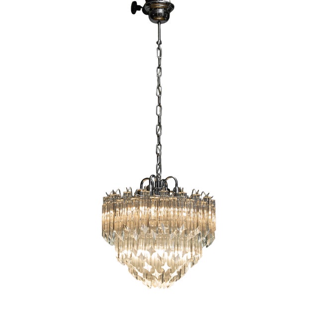 Venini Chrome Tiered Chandelier with 91 Clear Triedri Murano Crystals, Italy, 1980s For Sale