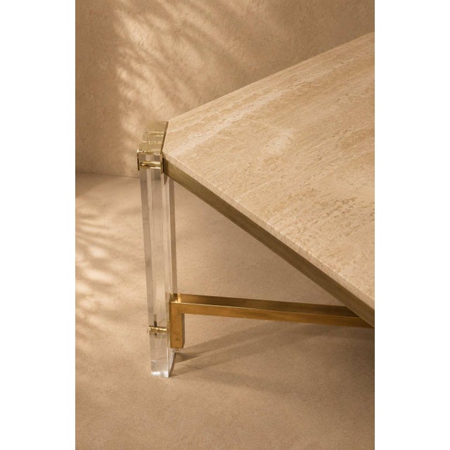 Mid-Century Modern Dining Table in Travertine, Gold-Tone Metal and Acrylic Glass, 1970s For Sale - Image 3 of 18