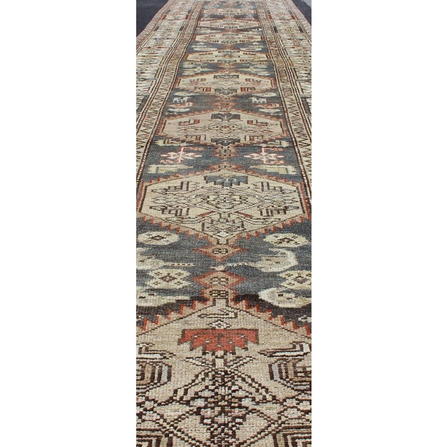 Long Persian Kurdish Runner With Medallion Design in Charcoal, Ivory and Red For Sale In Atlanta - Image 6 of 14