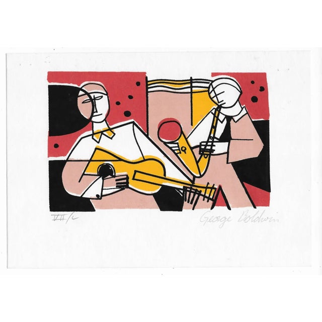1990s George Baldwin screen print of a jazz band with guitar and saxophone. Pencil signed and numbered from an edition of...