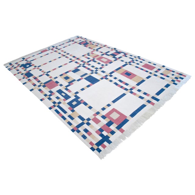 White Piet Mondrian - Broadway Boogie Woogie Inspired Silk Hand Woven Area Kilim Wall Rug 6′5″ × 9′2″ For Sale - Image 8 of 17