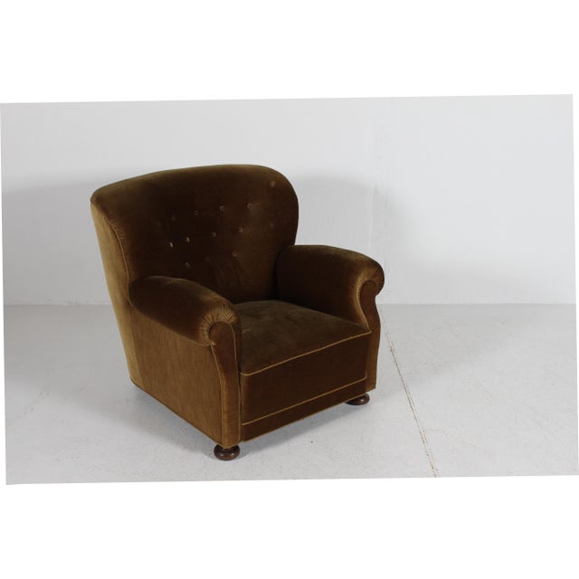 Fritz Hansen Large Art Deco Roll Arm Lounge Chair in Olive Green Velvet, Denmark, 1940s For Sale - Image 4 of 16