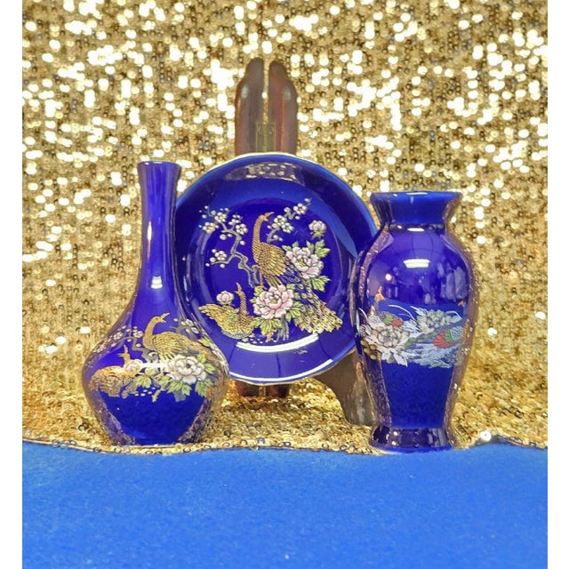 Beautiful 3-pc set of cobalt blue Japanese Kutani porcelain bud vases & small plate. Hand painted by master artisans. Each...