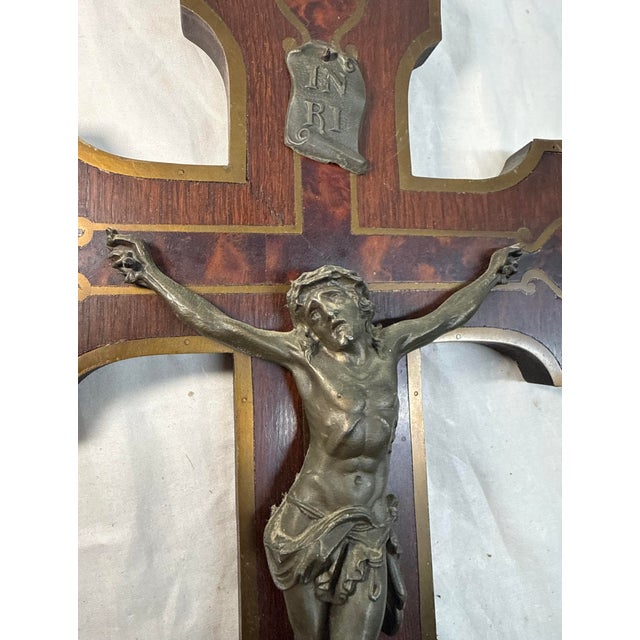 Antique 1800's French Bronze Patinated Metal Inlaid Wood Wall Crucifix Cross For Sale - Image 4 of 12
