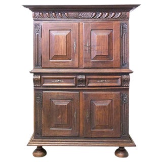 Spanish Gothic Revival Oak 2-Piece Buffet Cabinet, Late 19th Century For Sale