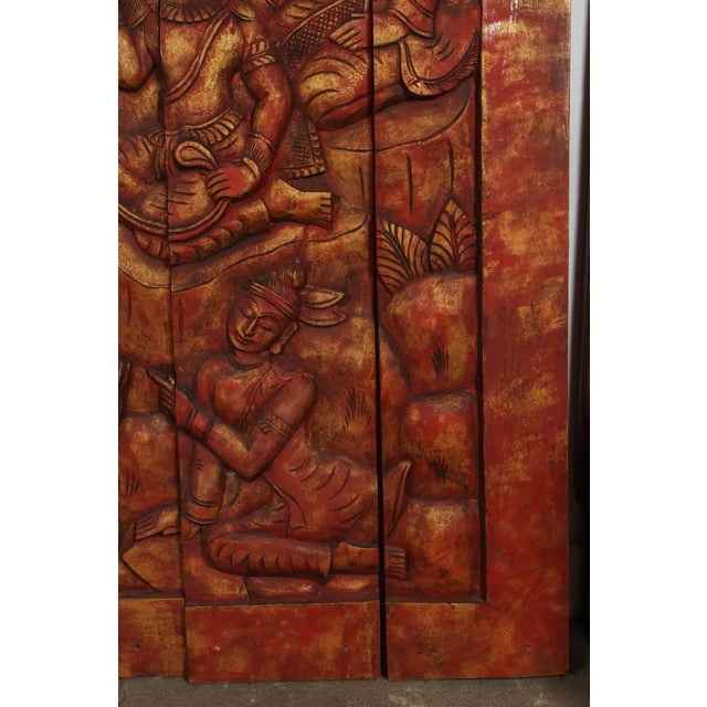 Monumental Vintage Thai Hand-Carved Wood Kinnari Wall Panel, Red and Gold For Sale - Image 12 of 15